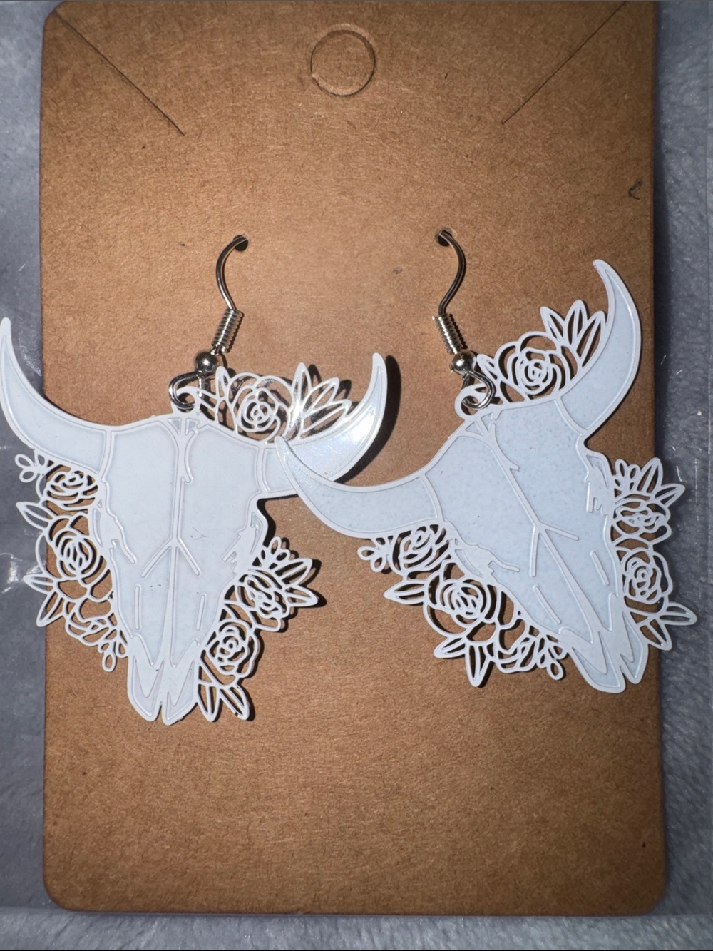 White Bull Skull Floral Dangle Earrings
